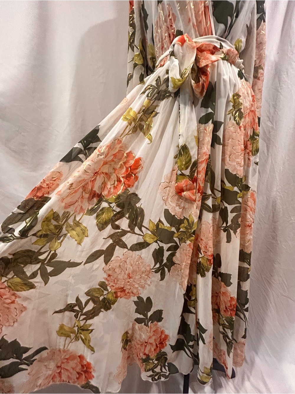 Feminine Floral Maxi Dress with gold accents